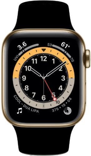 Apple  Watch Series 6 - 32GB - Gold-Aluminum-Sport Band-Black - GPS - 40mm - Gold - Aluminum - Black - Sport Band - Rubber - Good